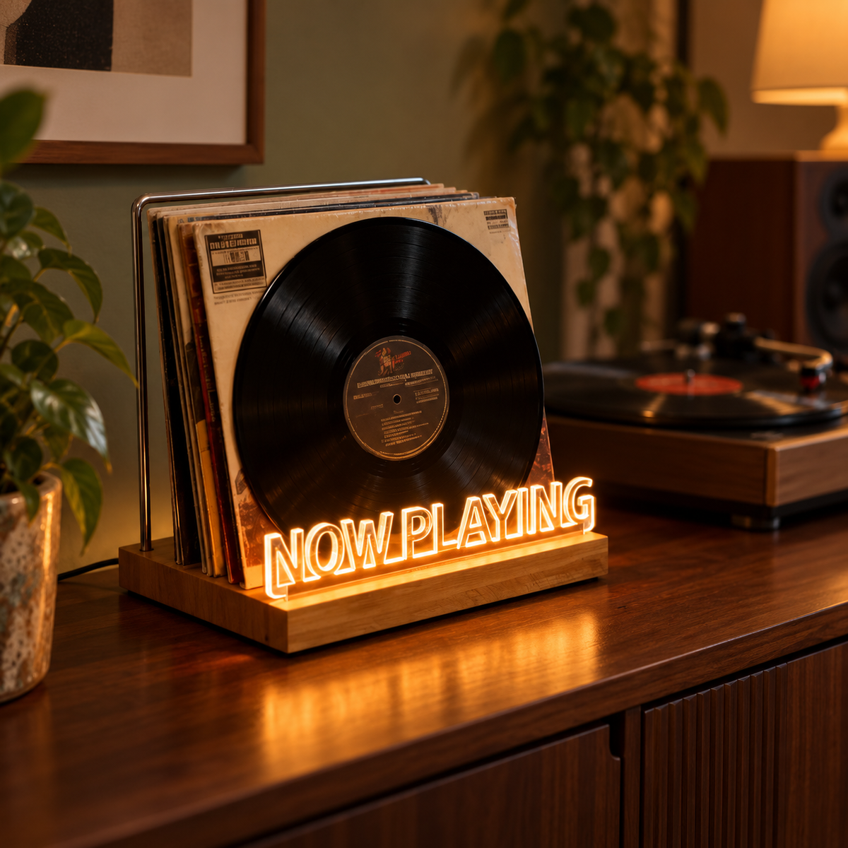 Illuminated Now Playing vinyl album holder on a walnut sideboard in a listening room