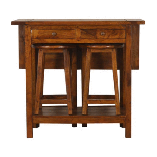 Fold & Pack Away Chestnut Breakfast Table With 2 Stools - mancavesuperstore