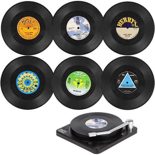 6 Vinyl Record Drinks Coasters & Player Coaster Holder