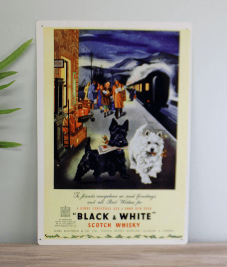 Black & White Scotch Whisky & Scotty Dogs - Vintage Metal Bar Sign - mancavesuperstore