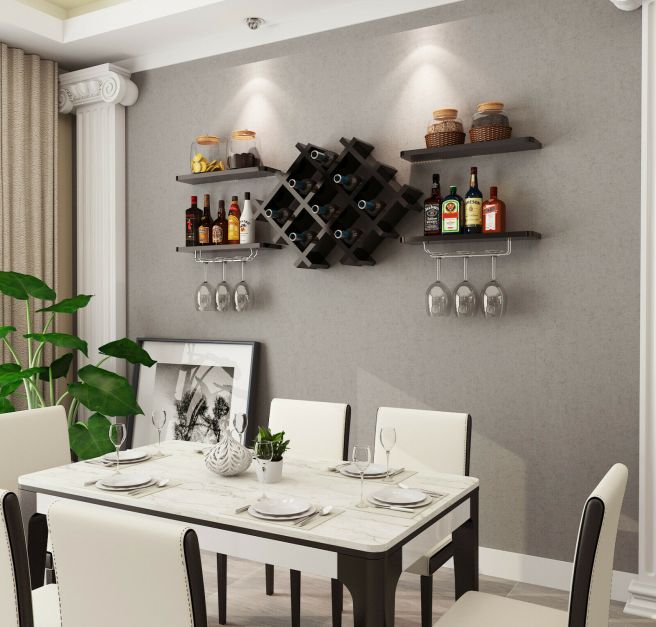 Floating Wine Rack & 4 Shelves With Glass Storage - Black