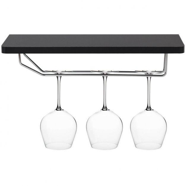 Floating Wine Rack & 4 Shelves With Glass Storage - Black