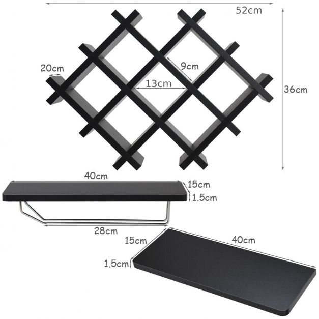 Floating Wine Rack & 4 Shelves With Glass Storage - Black