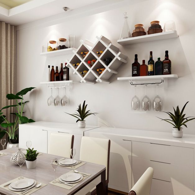 Floating Wine Rack & 4 Shelves With Glass Storage - White