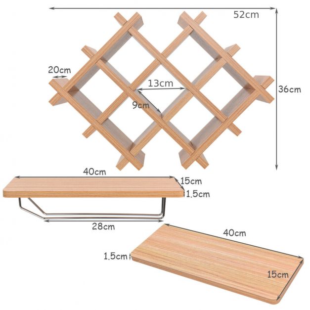 Floating Wine Rack & 4 Shelves With Glass Storage - Natural Wood