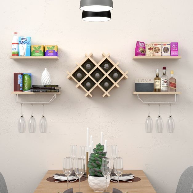 Floating Wine Rack & 4 Shelves With Glass Storage - Natural Wood