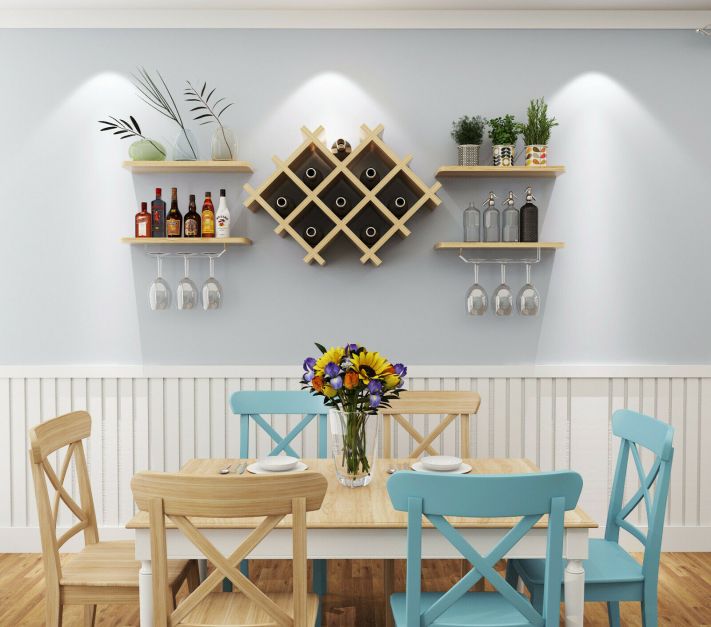 Floating Wine Rack & 4 Shelves With Glass Storage - Natural Wood