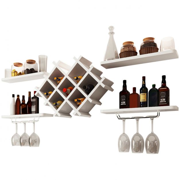 Floating Wine Rack & 4 Shelves With Glass Storage - White