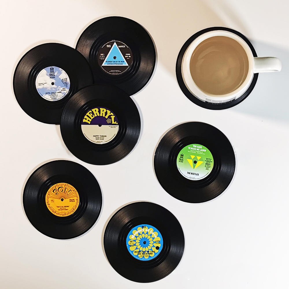 6 Vinyl Record Drinks Coasters & Player Coaster Holder