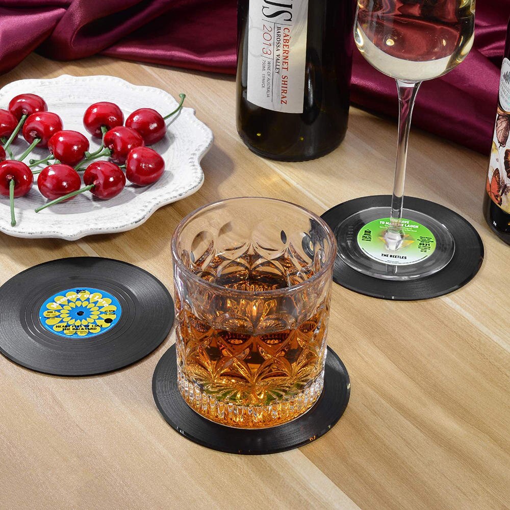 6 Vinyl Record Drinks Coasters & Player Coaster Holder