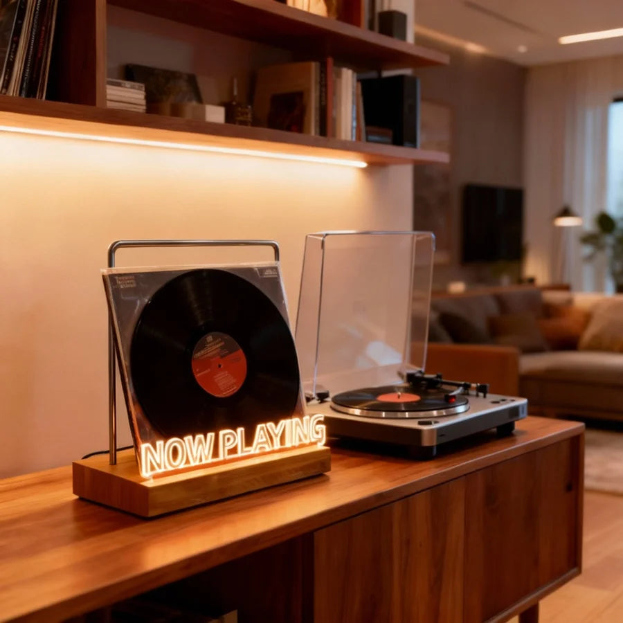 Illuminated Now Playing Vinyl Record Display Stand – Warm White LED