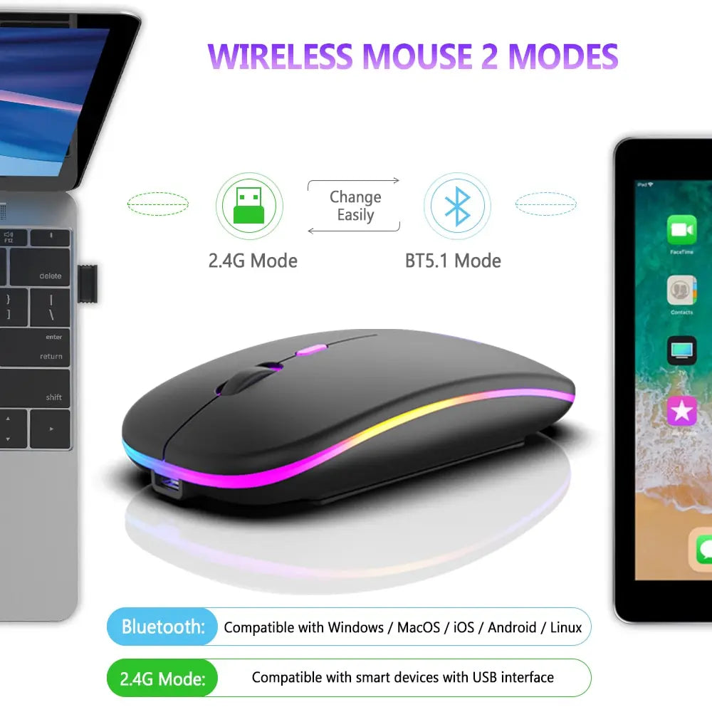 Wireless Mouse Bluetooth and 2.4GHz Dual Modes Rechargeable RGB Ergonomic Silent Click for PC iPad Laptop Cell Phone TV