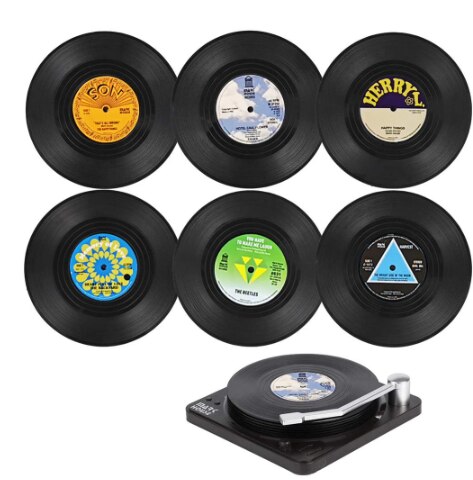 6 Vinyl Record Drinks Coasters & Player Coaster Holder