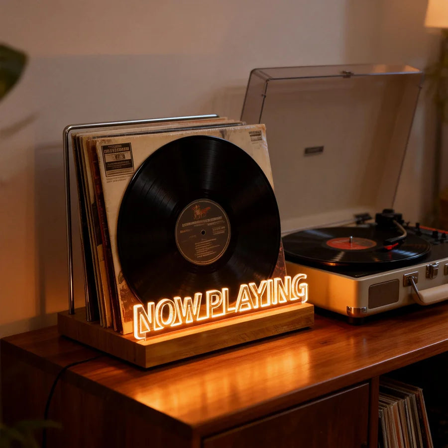 Illuminated Now Playing Vinyl Record Display Stand – Warm White LED