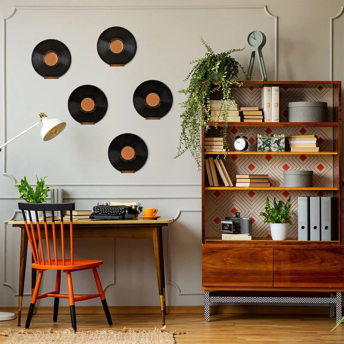 Set of six wooden wall holders for vinyl record sleeves