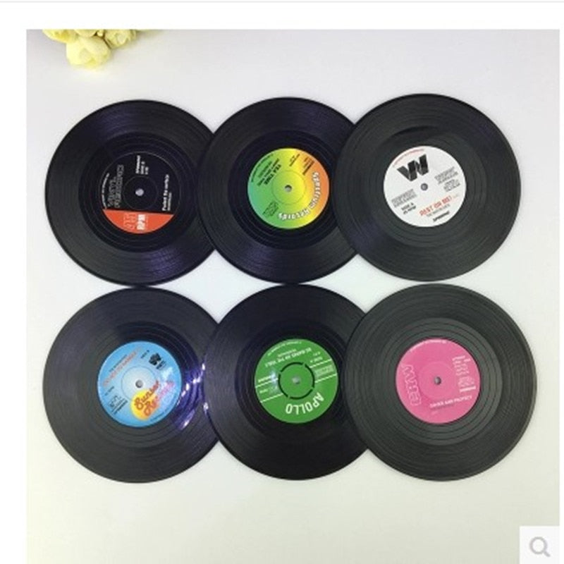 6 Vinyl Record Drinks Coasters & Player Coaster Holder