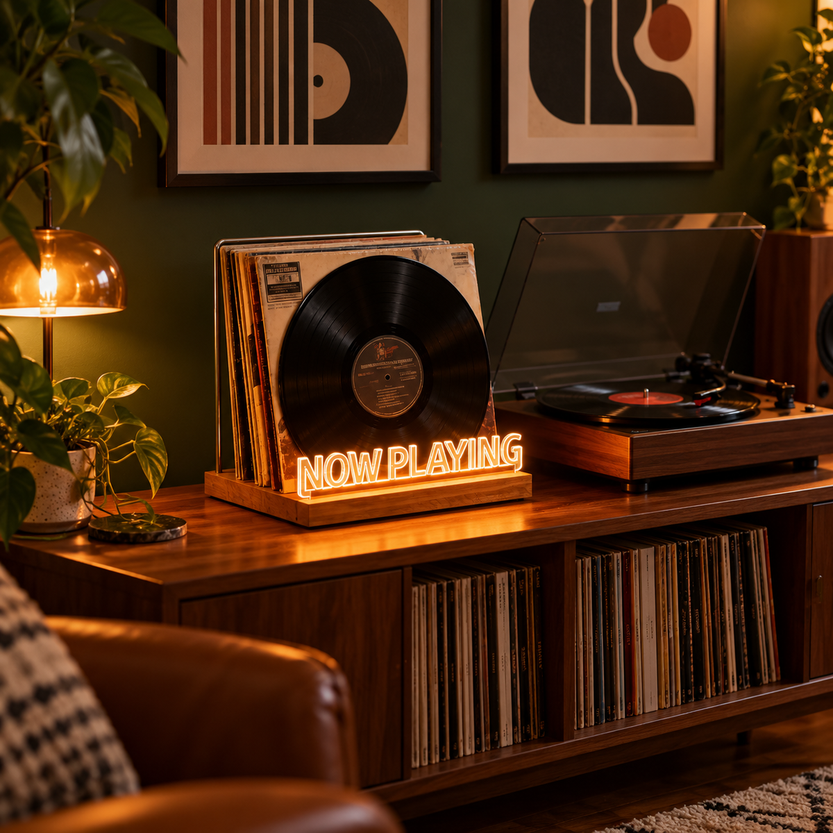 Now Playing vinyl display with warm white lettering beside a turntable in a music room