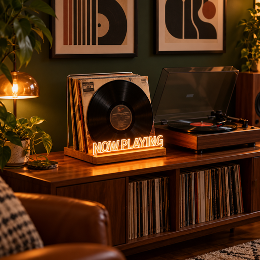 Now Playing vinyl display with warm white lettering beside a turntable in a music room