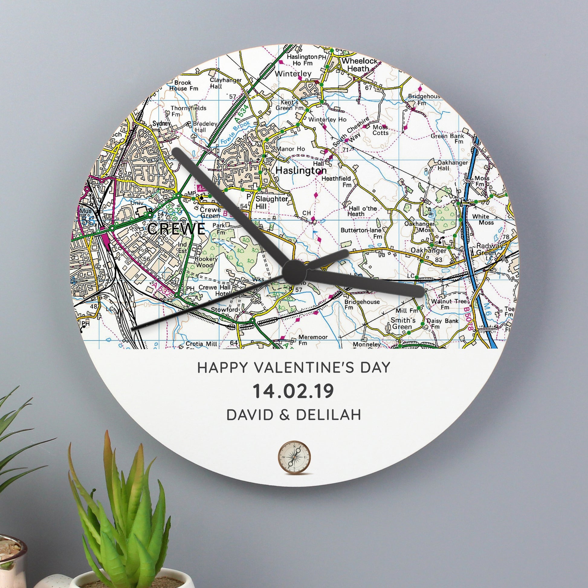 Personalised Present Day Map Compass Wooden Clock