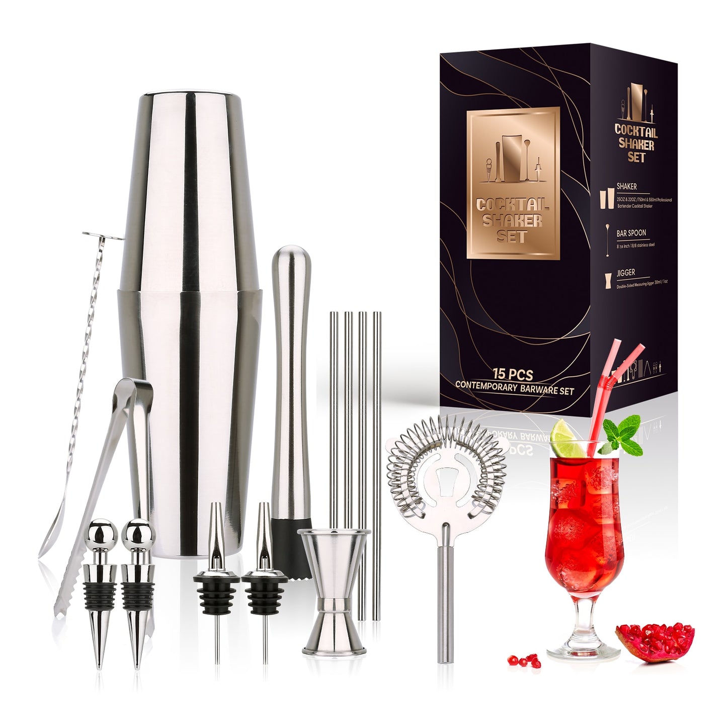 Cocktail Making Kits In Wooden Stands - Variety Of Styles - Copper/Silver