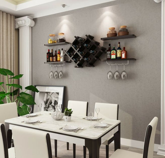 Floating Wine Rack & 4 Shelves With Glass Storage - Black