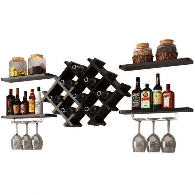 Floating Wine Rack & 4 Shelves With Glass Storage - Black