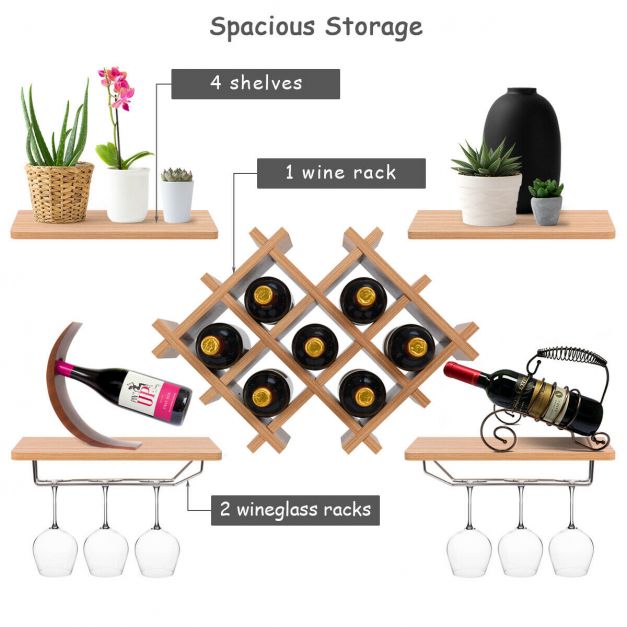 Floating Wine Rack & 4 Shelves With Glass Storage - Natural Wood