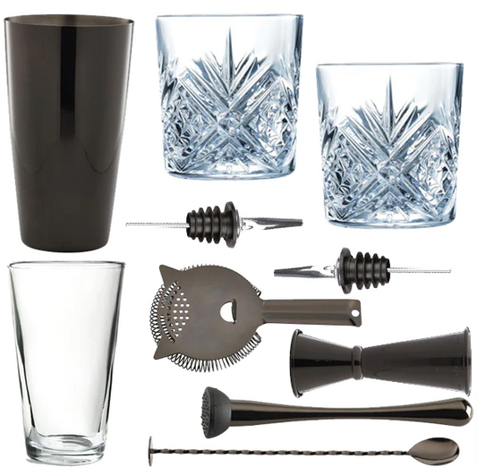 10 Piece Cocktail Set With 'Old Fashioned' Cocktail Glasses in Presentation Box - Gun Metal - mancavesuperstore