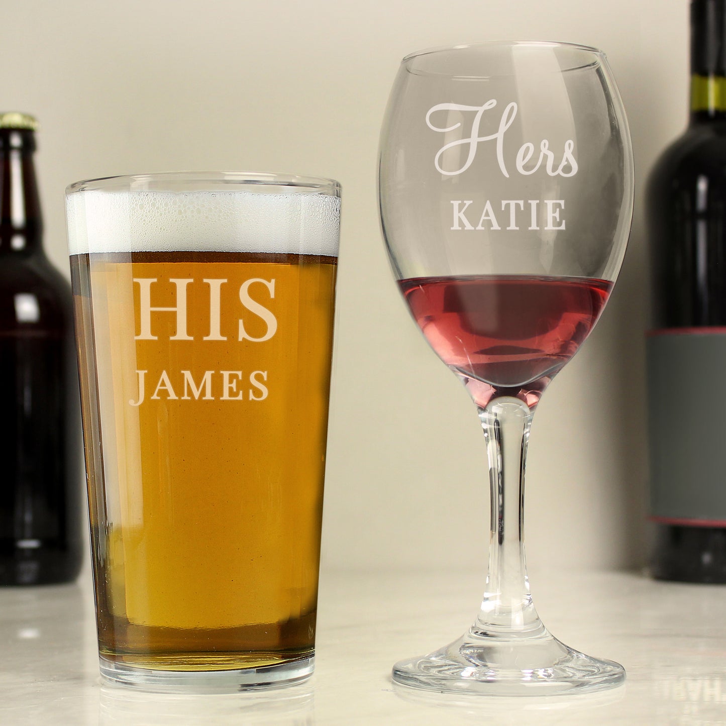 Personalised 'His & Hers' Pint Glass & Wine Glass Set - mancavesuperstore