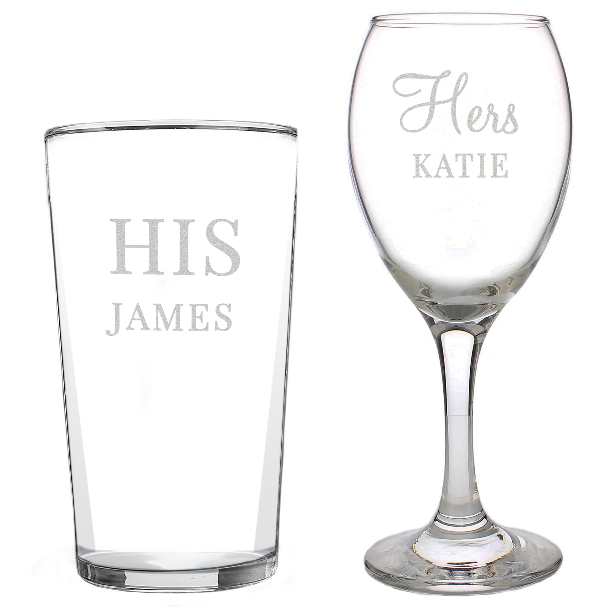Personalised 'His & Hers' Pint Glass & Wine Glass Set - mancavesuperstore