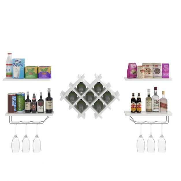 Floating Wine Rack & 4 Shelves With Glass Storage - White